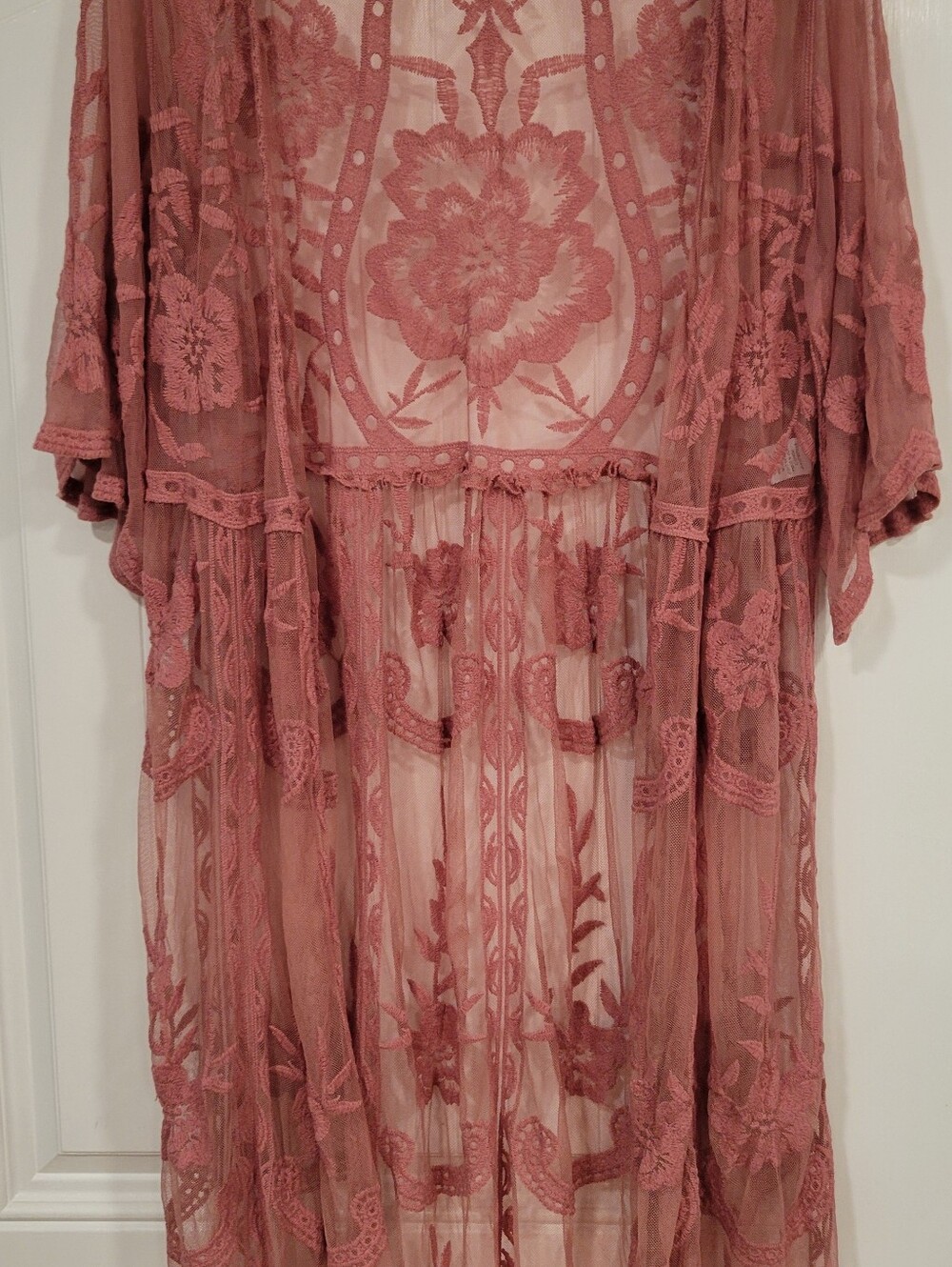 Entro Womens XL/1X Mauve Sheer Mesh Lace Open Kimono Duster Boho Festival Floral